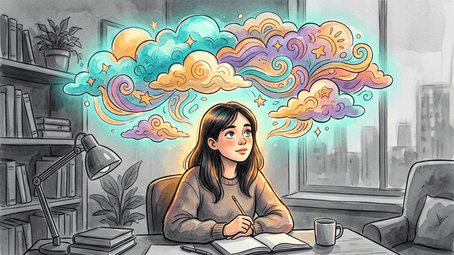 A person at a desk with eyes open but unfocused, colorful dream-like clouds drifting above their head while the real world fades to grey — representing ADHD zoning out