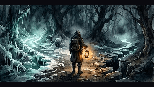 A person at a crossroads — one icy frozen path, one with broken stepping stones — choosing the right coping strategy