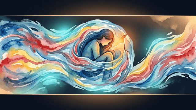 A person curled up with waves of colorful emotions washing over them, a small crack of amber light breaking through
