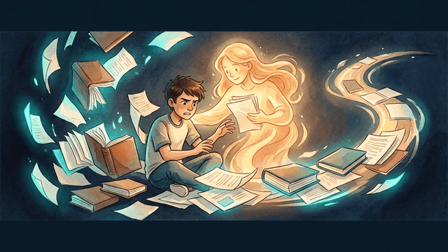 A student surrounded by chaotic floating books and papers, with a warm glowing guide figure helping organize the chaos into a neat path — representing executive functioning coaching