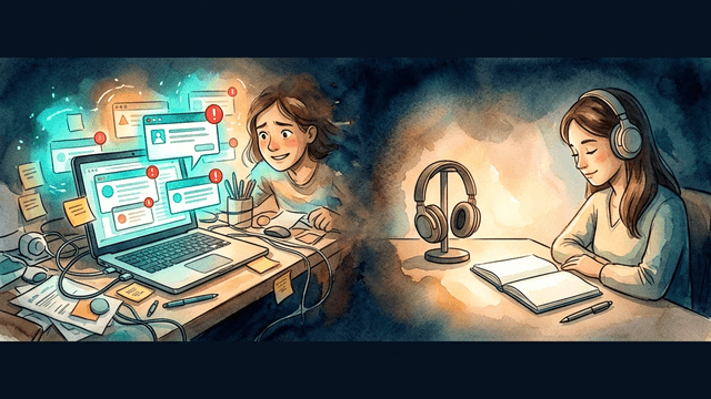 A workspace split in two — chaotic left side with notifications, serene right side with headphones and one notebook — illustrating environment design for ADHD focus
