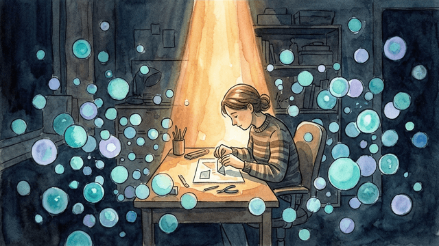 A person sitting at a desk surrounded by floating glowing orbs of distraction, with a single warm golden spotlight illuminating their hands and one task