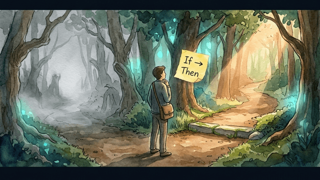 A person at a fork in the road — one path foggy, the other illuminated by a warm If-Then shortcut