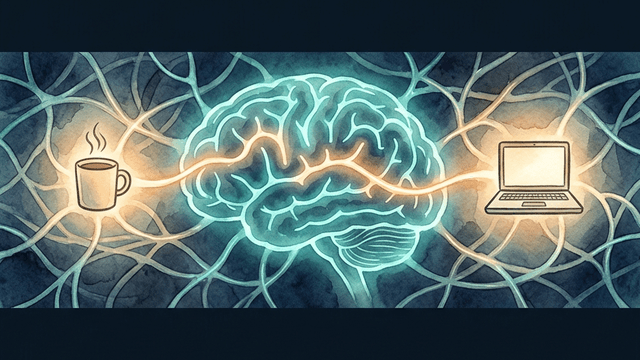 A brain with neural pathways showing a direct amber shortcut from coffee mug to laptop, bypassing tangled executive function pathways