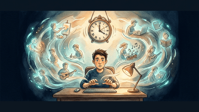 A person frozen at their desk with ghostly task images swirling around them
