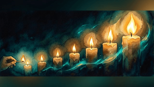 A tiny spark igniting a chain reaction of momentum, depicted as a small match lighting a series of progressively larger candles