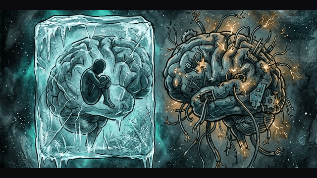 Two brains side by side — one frozen in ice, the other with broken wires and sparking circuits — illustrating ADHD paralysis versus executive dysfunction