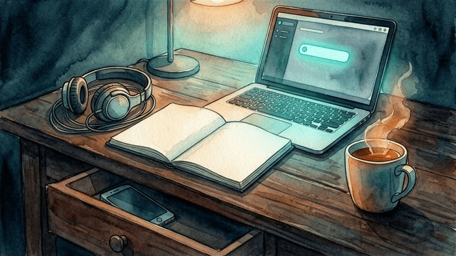 A clean workspace with only essential items visible, phone placed far away, and a sticky note with one clear micro-step written on it