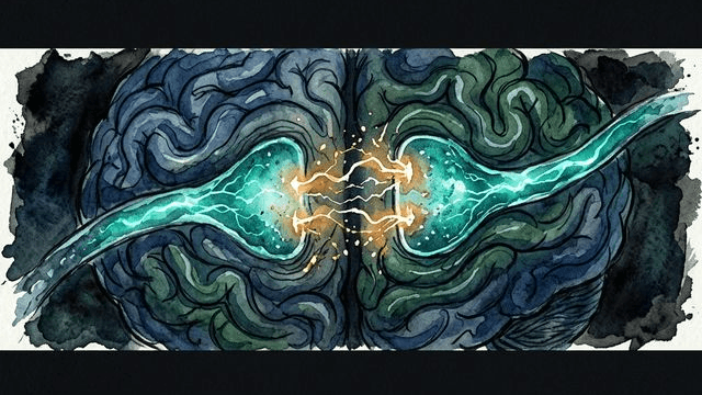 A brain struggling to cross a gap between intention and action, with a small spark needed to bridge the divide