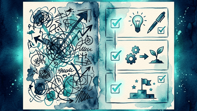 Watercolor showing a split page of chaotic scribbled plans on the left and a structured micro-step checklist on the right